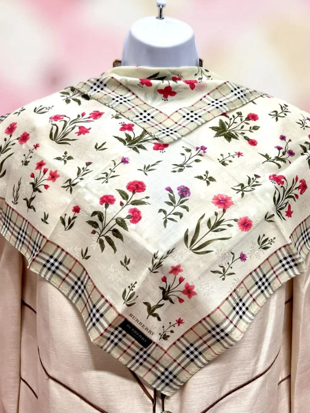 New   Burberry Neck-handker /Mini Scarf 19.5" Cotton Olive Gray Floral Check(77 - Picture 12 of 13